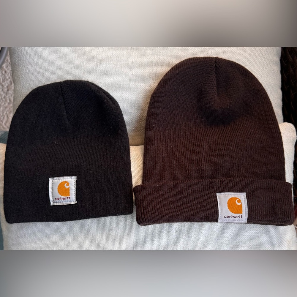 2 Carhartt Beanies 100% Acrylic Knit; Cuffed Dark Brown; Black Knit One Size